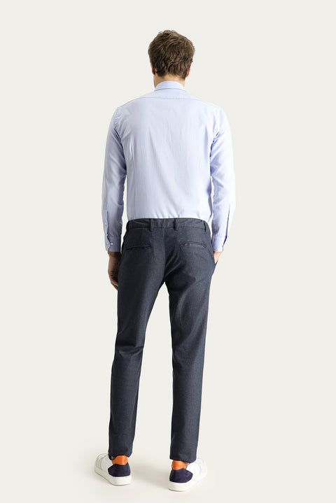 Dark Navy Slim Fit Patterned Elasticated Waist Lycra Canvas / Chino Trousers