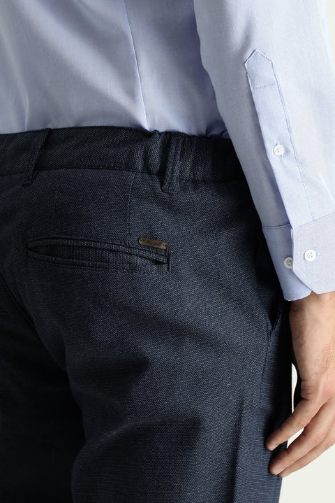 Dark Navy Slim Fit Patterned Elasticated Waist Lycra Canvas / Chino Trousers