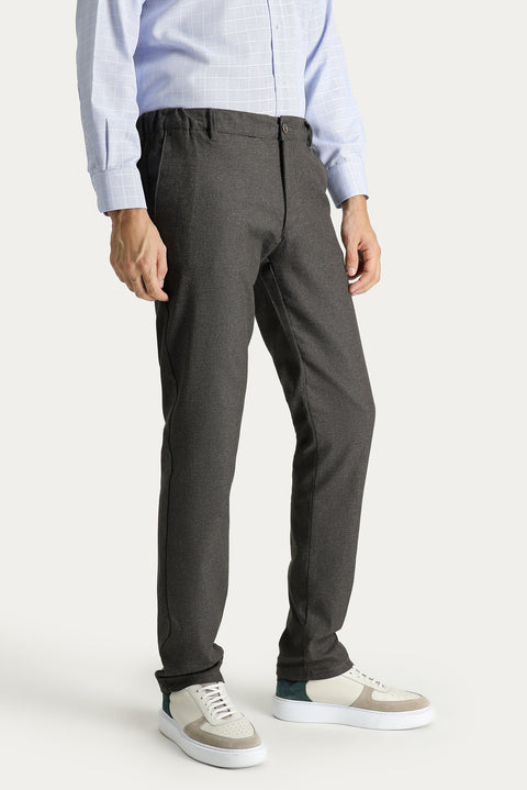 Dark Brown Slim Fit Patterned Elastic Waist Stretchy Canvas / Chino Pants