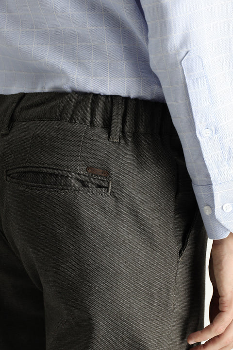 Koyu Kahve Regular Fit Standart Kesim Desenli Beli Lastikli Likralı Kanvas / Chino Pantolon