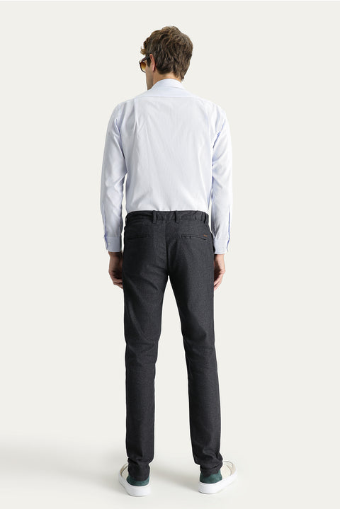 Dark Anthracite Slim Fit Tapered Patterned Elasticated Waist Lycra Canvas / Chino Trousers