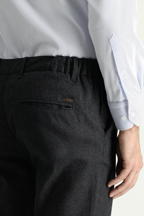 Dark Anthracite Regular Fit Standard Cut Patterned Elastic Waist Stretchy Canvas / Chino Trousers