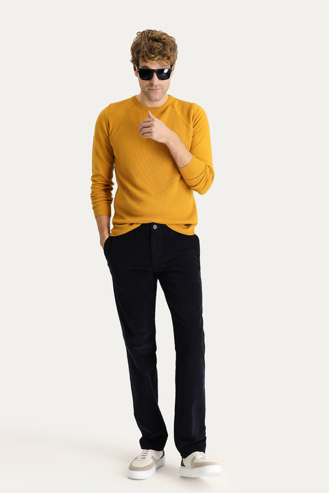 Dark Navy Regular Fit Standard Cut Lycra Corduroy Trousers