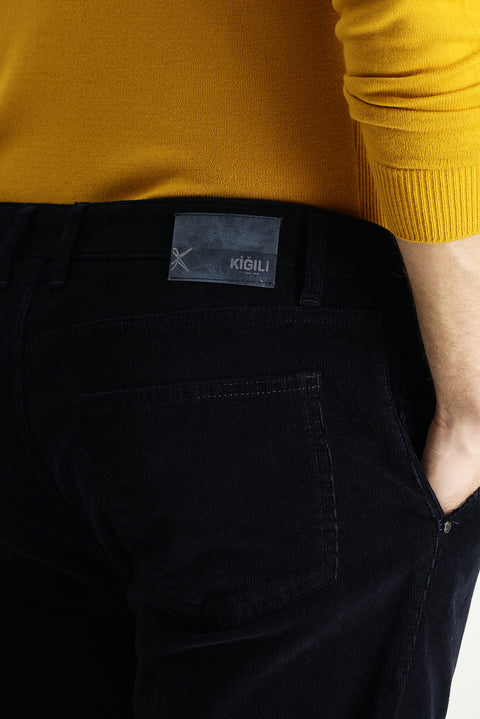 Dark Navy Regular Fit Standard Cut Lycra Corduroy Trousers