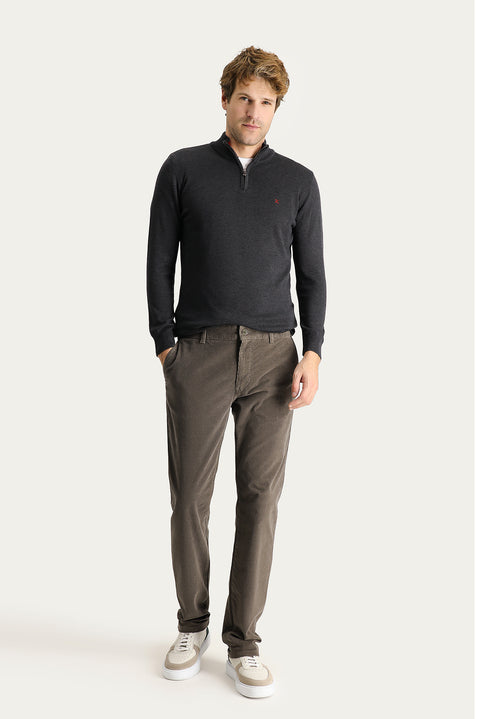 Dark Khaki Relaxed Fit Stretch Velvet Trousers