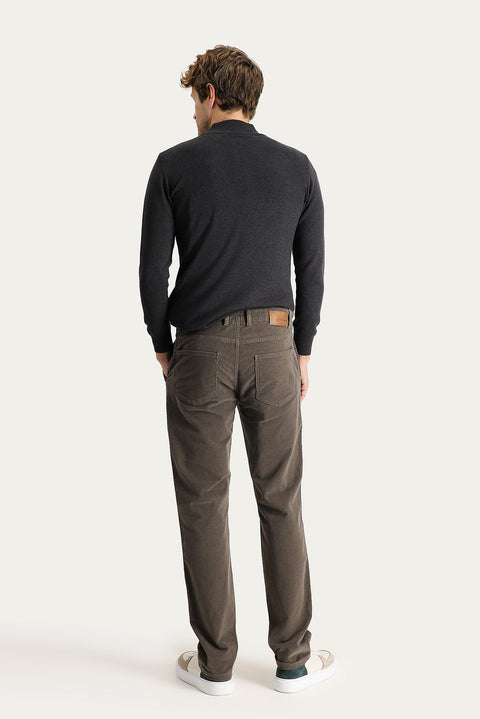Dark Khaki Relaxed Fit Stretch Velvet Trousers