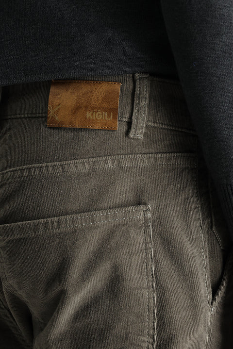 Dark Khaki Relaxed Fit Stretch Velvet Trousers