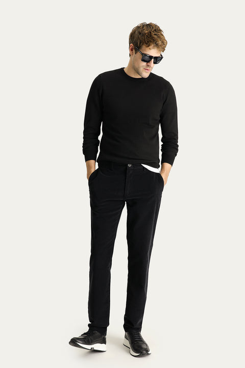 Black Regular Fit Standard Cut Lycra Velvet Trousers