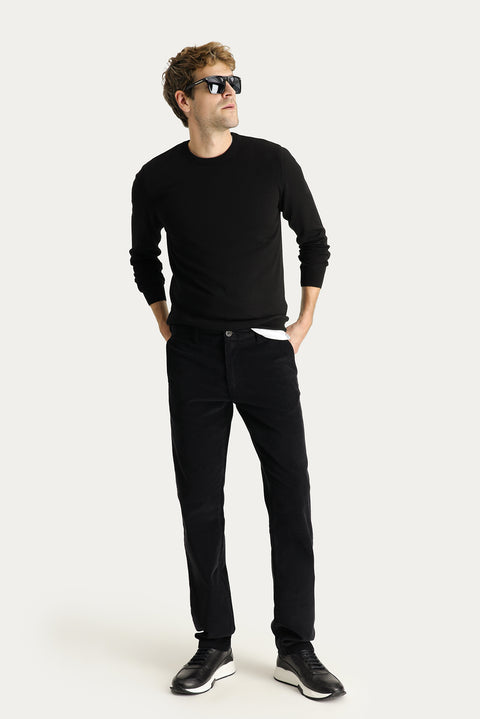 Black Regular Fit Standard Cut Lycra Velvet Trousers