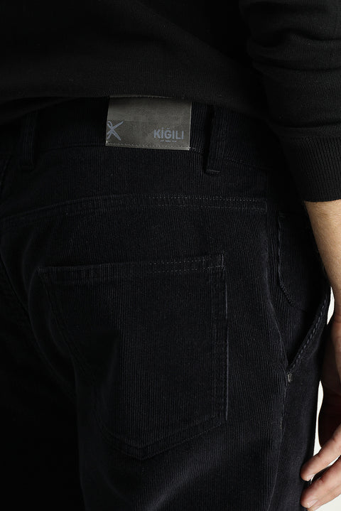 Black Regular Fit Standard Cut Lycra Velvet Trousers