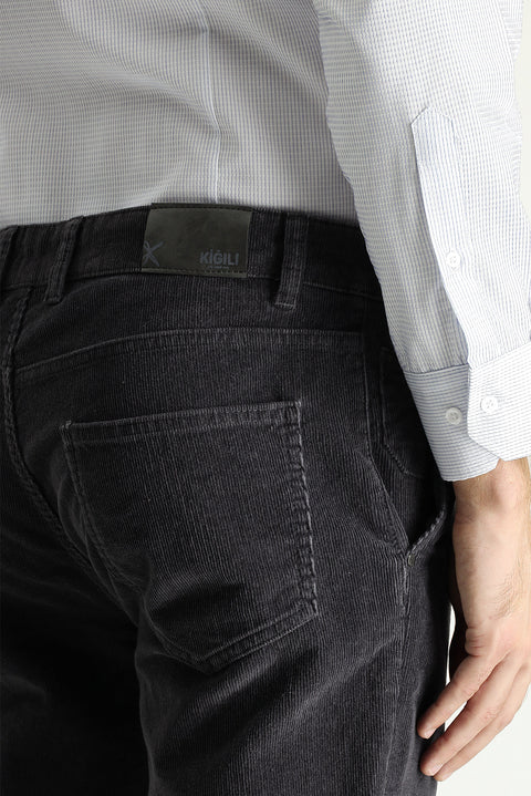 Dark Smoky Slim Fit Velvet Trousers with Lycra