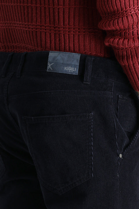 Dark Navy Regular Fit Standard Cut Lycra Corduroy Trousers