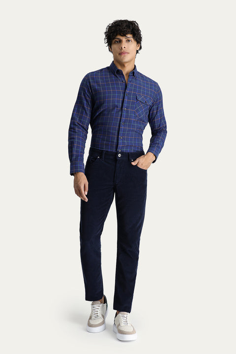 Mid Navy Blue Slim Fit Stretch Corduroy Trousers