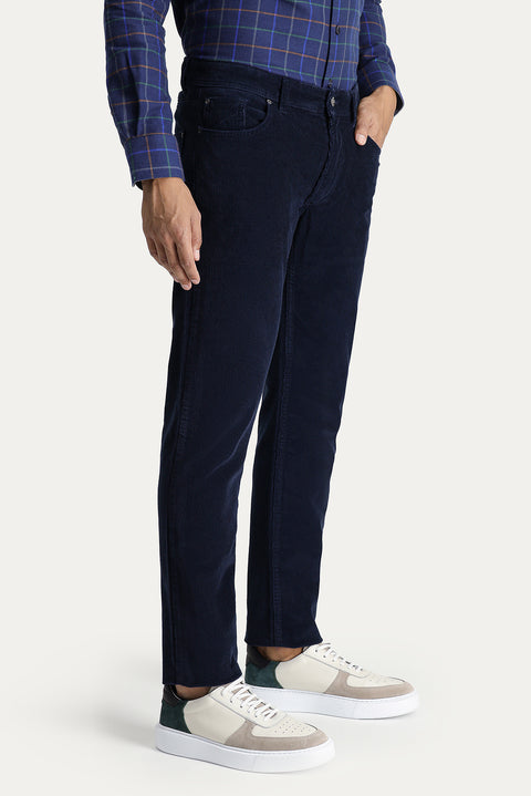 Mid Navy Blue Slim Fit Stretch Corduroy Trousers