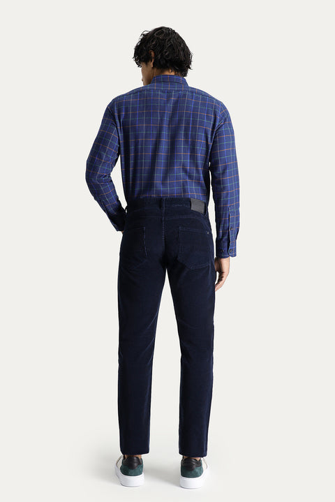 Mid Navy Blue Slim Fit Stretch Corduroy Trousers