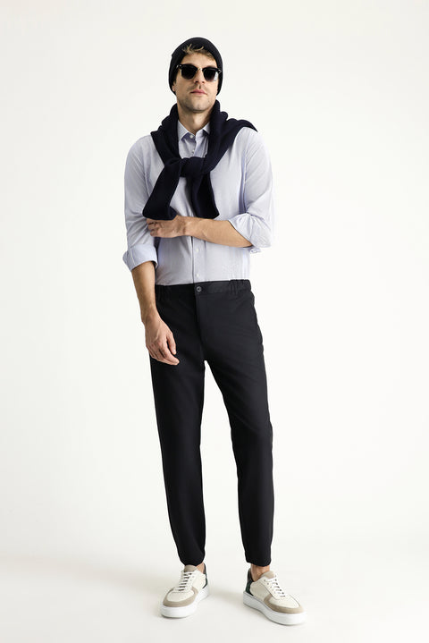 Dark Navy Blue Slim Fit Elasticated Waist Stretchy Canvas / Chino Trousers