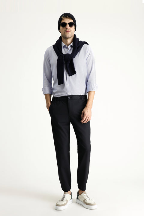 Dark Navy Blue Slim Fit Elasticated Waist Stretchy Canvas / Chino Trousers
