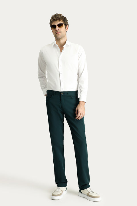 Dark Green Regular Fit Standard Cut Cotton Canvas / Chino Trousers