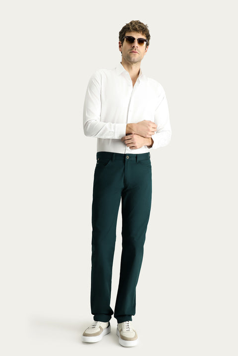 Dark Green Regular Fit Standard Cut Cotton Canvas / Chino Trousers