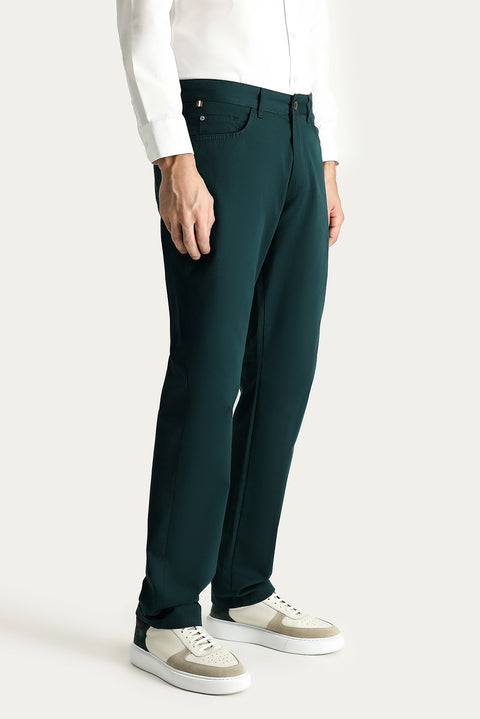 Dark Green Regular Fit Standard Cut Cotton Canvas / Chino Trousers