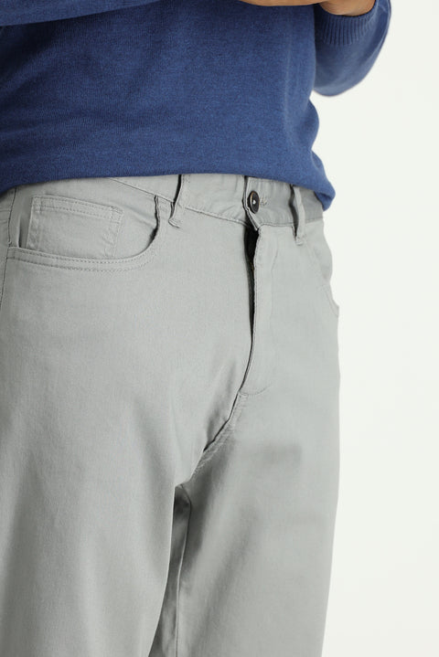 Light Grey Regular Fit Standard Cut Lycra Canvas / Chino Trousers