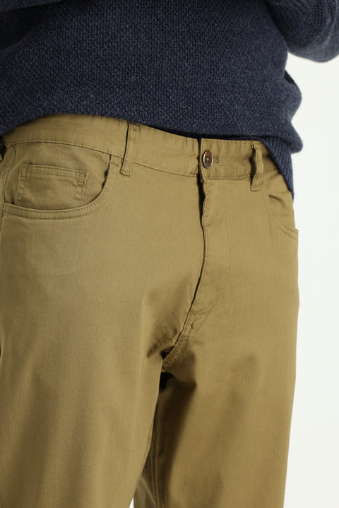 Dark Beige Regular Fit Standard Cut Lycra Canvas / Chino Trousers