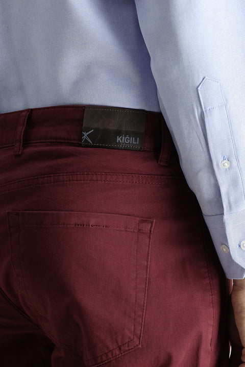 Burgundy Regular Fit Standard Cut Lycra Canvas / Chino Trousers