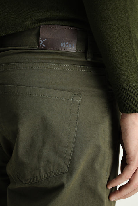 Yağ Yeşili-Olive Regular Fit Standart Kesim Likralı Kanvas / Chino Pantolon