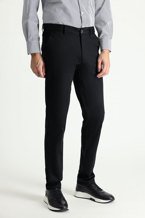 Black Regular Fit Standard Cut Lycra Canvas / Chino Trousers