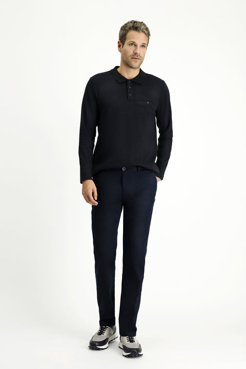 Mid Navy Regular Fit Standard Cut Lycra Canvas / Chino Trousers