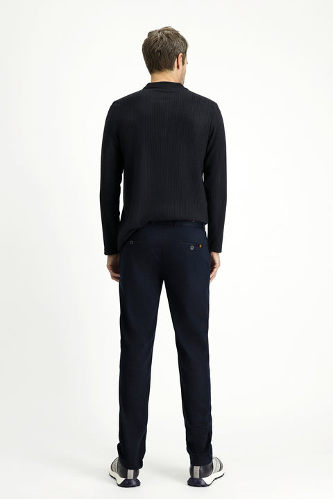 Mid Navy Regular Fit Standard Cut Lycra Canvas / Chino Trousers