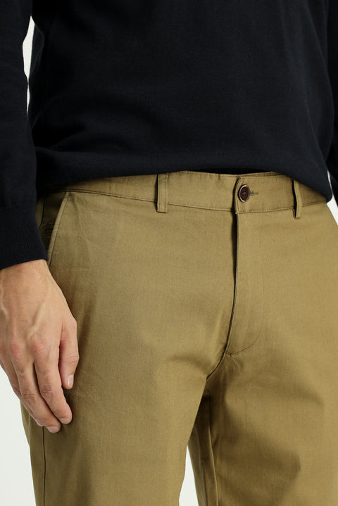 Koyu Bej Regular Fit Standart Kesim Likralı Kanvas / Chino Pantolon