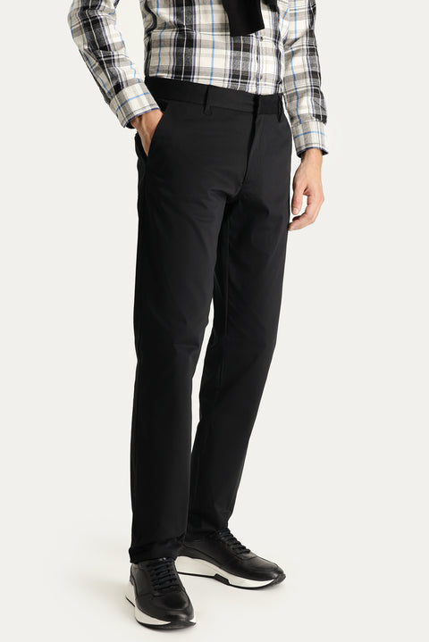Black Regular Fit Standard Cut Lycra Sateen Canvas / Chino Trousers