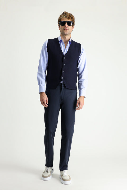 Koyu Lacivert Slim Fit Dar Kesim Likralı Saten Kanvas / Chino Pantolon