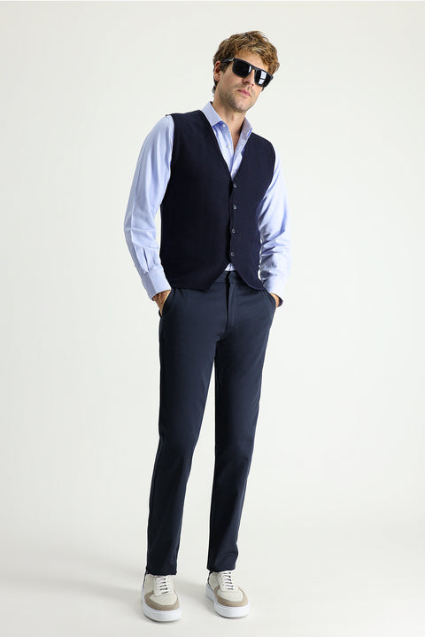 Koyu Lacivert Slim Fit Dar Kesim Likralı Saten Kanvas / Chino Pantolon