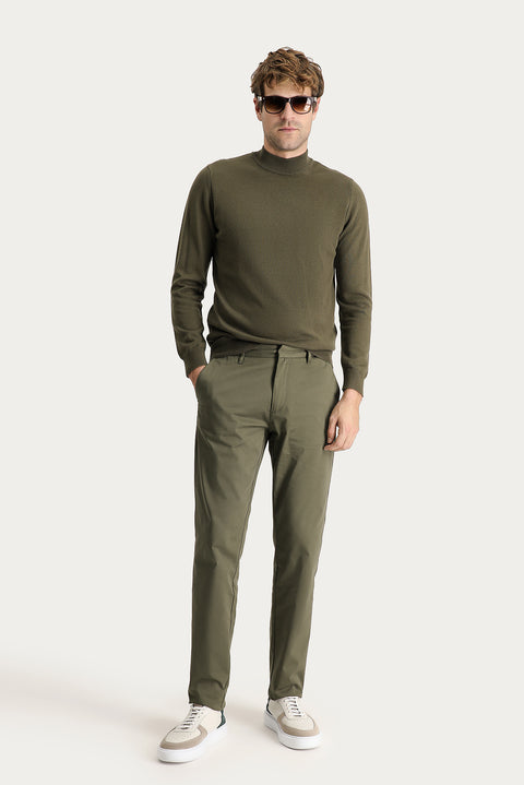 Yağ Yeşili-Olive Regular Fit Standart Kesim Likralı Saten Kanvas / Chino Pantolon