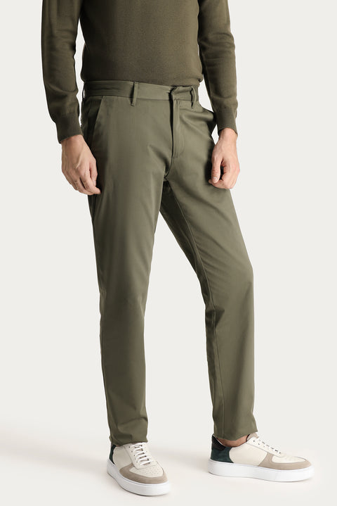 Yağ Yeşili-Olive Regular Fit Standart Kesim Likralı Saten Kanvas / Chino Pantolon