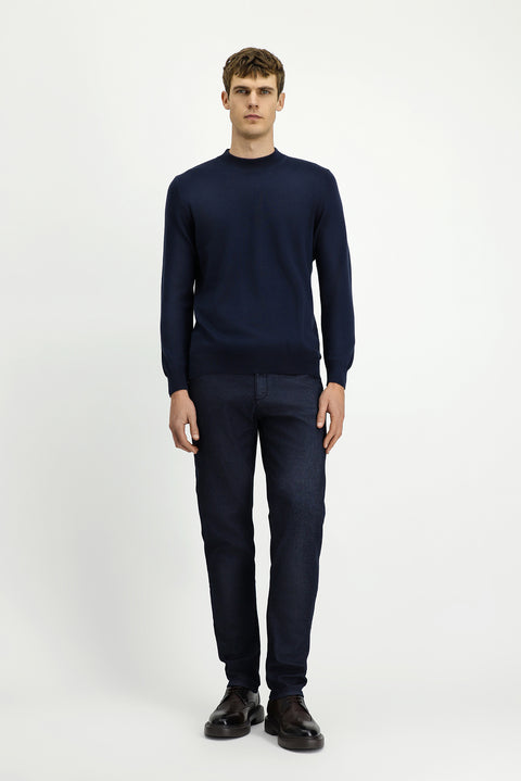 Light Navy Regular Fit Standard Cut Lycra Sateen Canvas / Chino Trousers