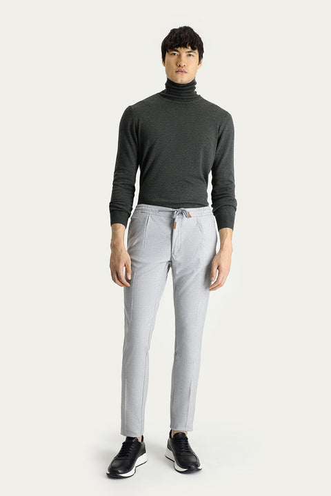 Light Gray Slim Fit Tapered Patterned Lycra Pants with Elasticated Drawstring Waist