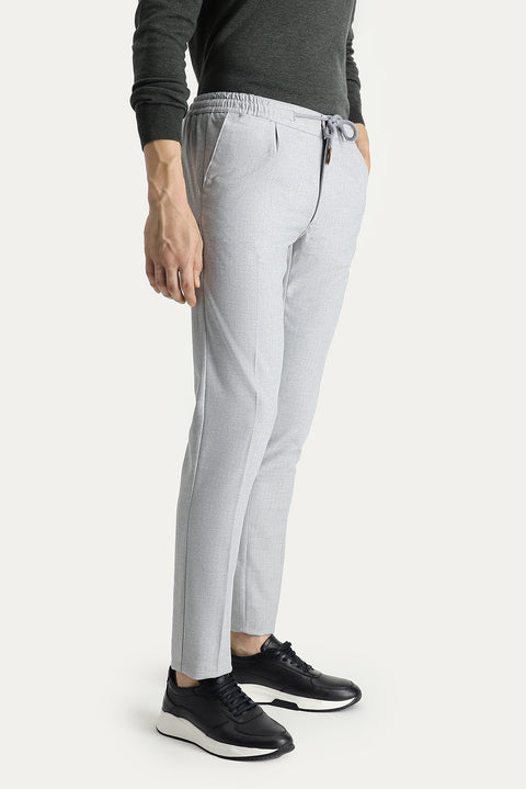 Light Gray Slim Fit Tapered Patterned Lycra Pants with Elasticated Drawstring Waist