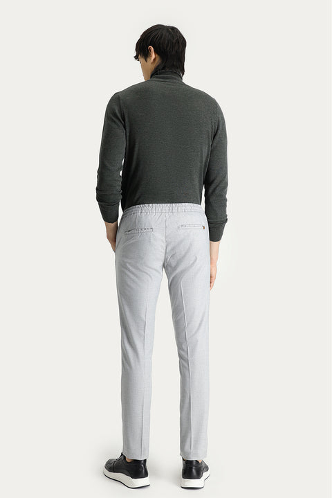 Light Gray Slim Fit Tapered Patterned Lycra Pants with Elasticated Drawstring Waist