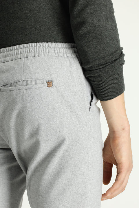 Light Gray Slim Fit Tapered Patterned Lycra Pants with Elasticated Drawstring Waist