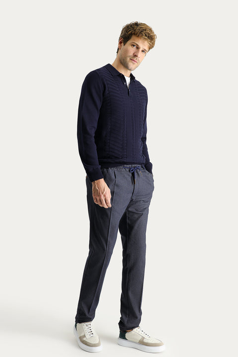 Dark Navy Slim Fit Skinny Elasticated Waist Drawstring Patterned Lycra Trousers