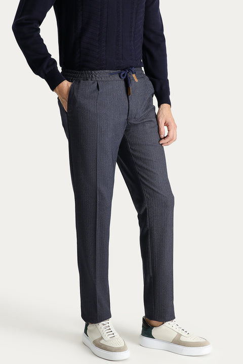 Dark Navy Slim Fit Skinny Elasticated Waist Drawstring Patterned Lycra Trousers