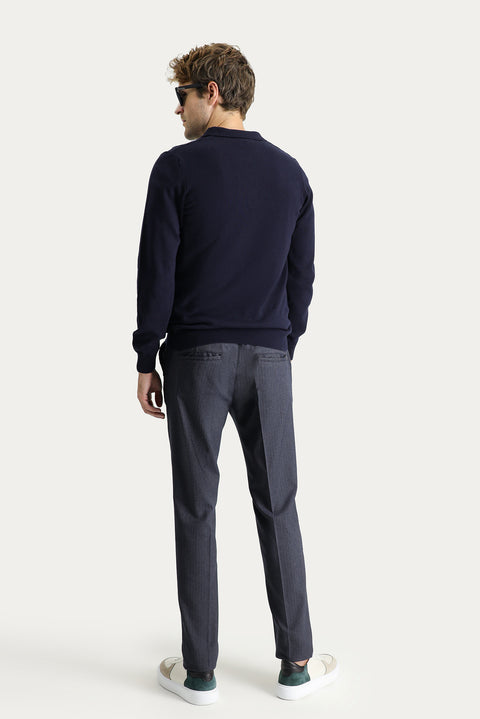 Dark Navy Slim Fit Skinny Elasticated Waist Drawstring Patterned Lycra Trousers