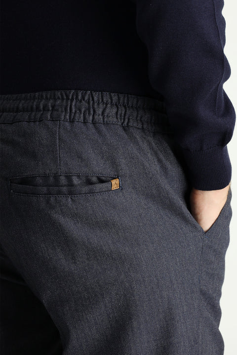 Dark Navy Slim Fit Skinny Elasticated Waist Drawstring Patterned Lycra Trousers