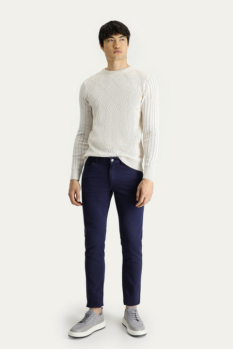 Dark Navy Blue Slim Fit Patterned Lycra Canvas / Chino Trousers