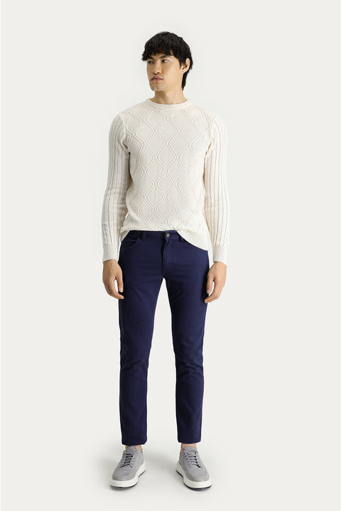 Dark Navy Blue Slim Fit Patterned Lycra Canvas / Chino Trousers