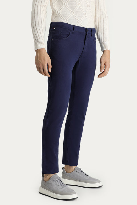 Dark Navy Blue Slim Fit Patterned Lycra Canvas / Chino Trousers