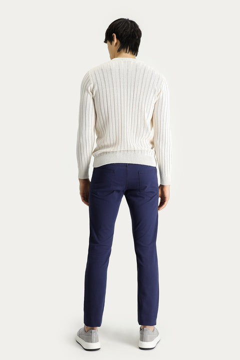 Dark Navy Blue Slim Fit Patterned Lycra Canvas / Chino Trousers